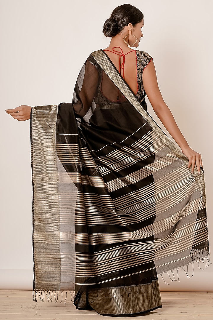 Royal Black Embroidered Wedding Saree Set by Aharin India at Pernia's Pop Up Shop