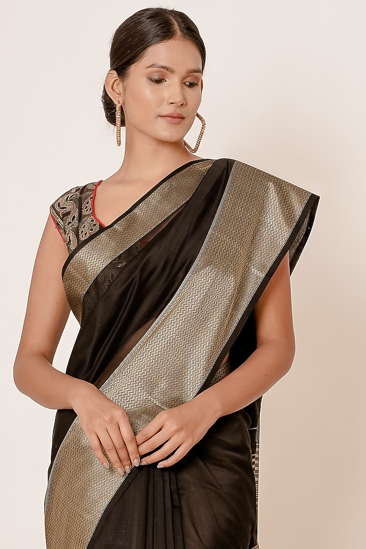 Royal Black Embroidered Wedding Saree Set by Aharin India at Pernia's Pop Up Shop