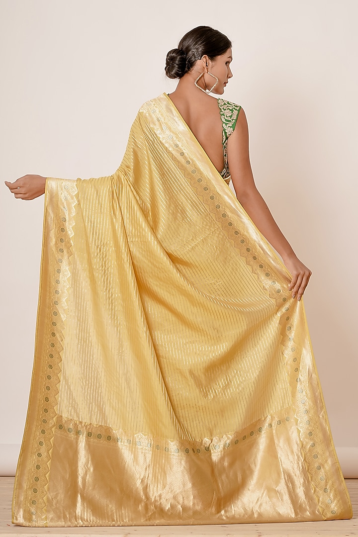 Pastel Yellow Pure Banarasi Silk Zari Embroidered Wedding Saree Set by Aharin India at Pernia's Pop Up Shop