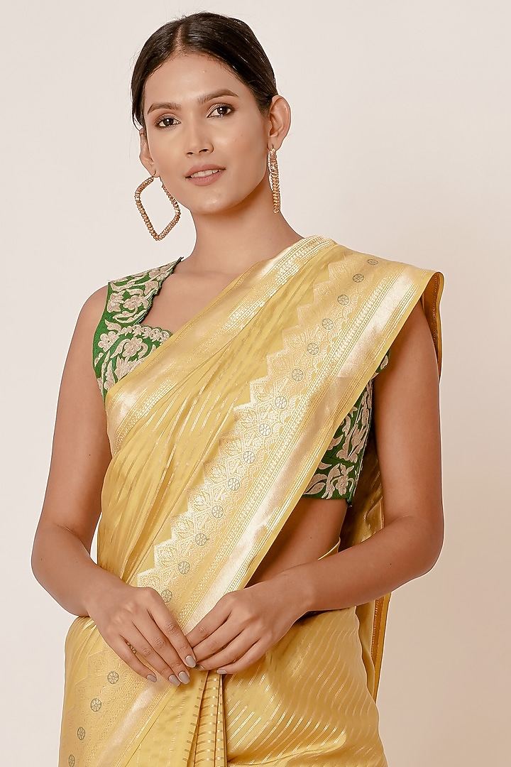 Pastel Yellow Pure Banarasi Silk Zari Embroidered Wedding Saree Set by Aharin India at Pernia's Pop Up Shop