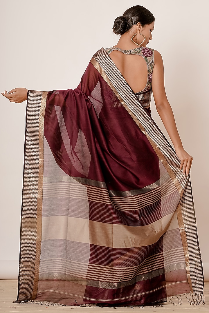 Maroon Pure Handwoven Chanderi Wedding Saree Set by Aharin India at Pernia's Pop Up Shop
