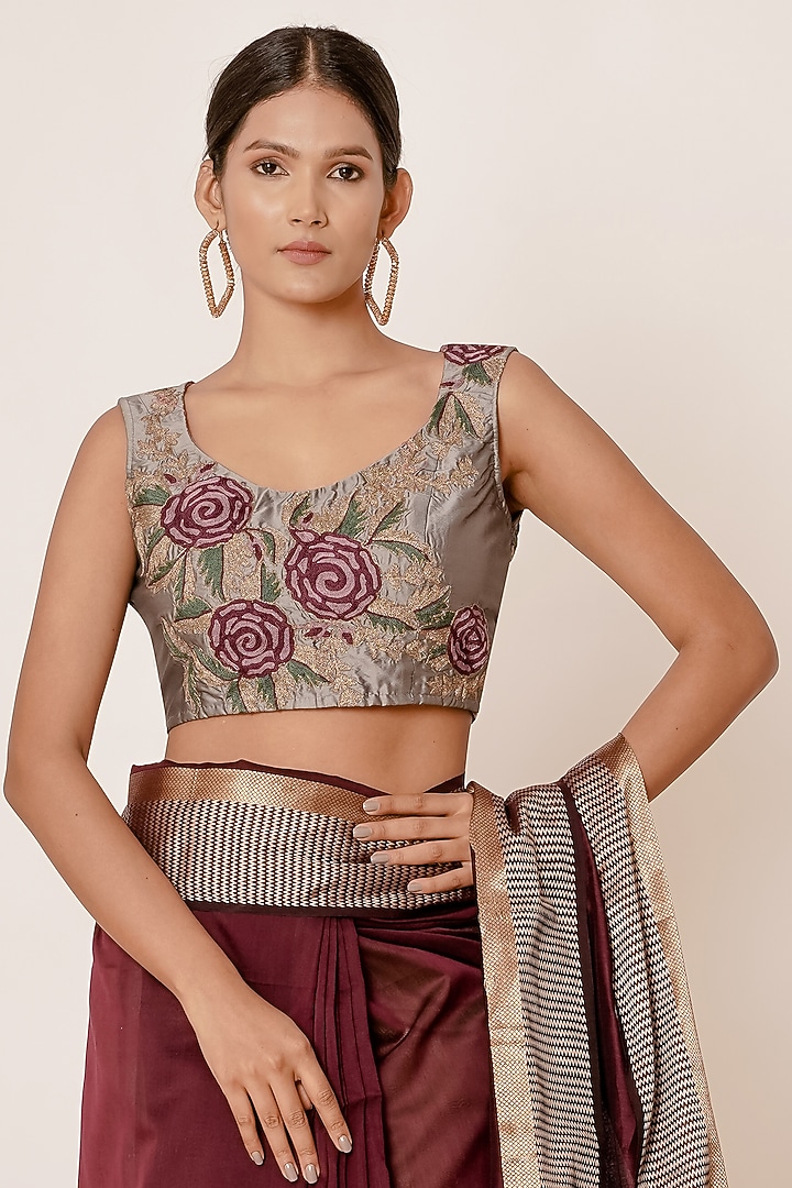Maroon Pure Handwoven Chanderi Wedding Saree Set by Aharin India at Pernia's Pop Up Shop