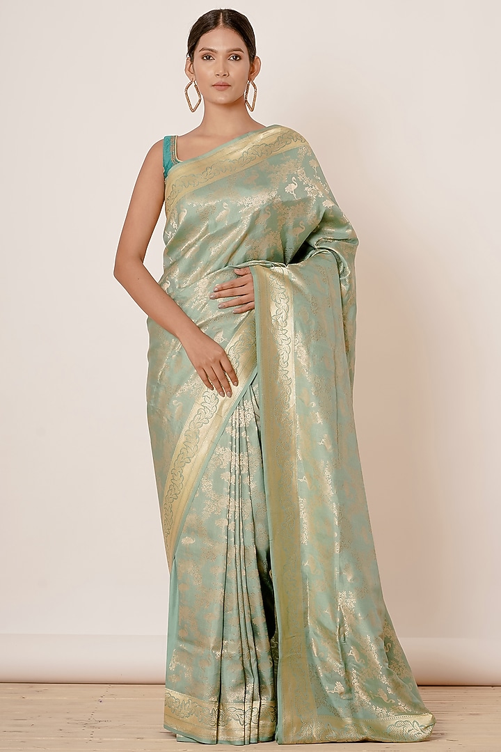 Light Turquoise Pure Banarasi Silk Motif Embroidered Wedding Saree Set by Aharin India at Pernia's Pop Up Shop