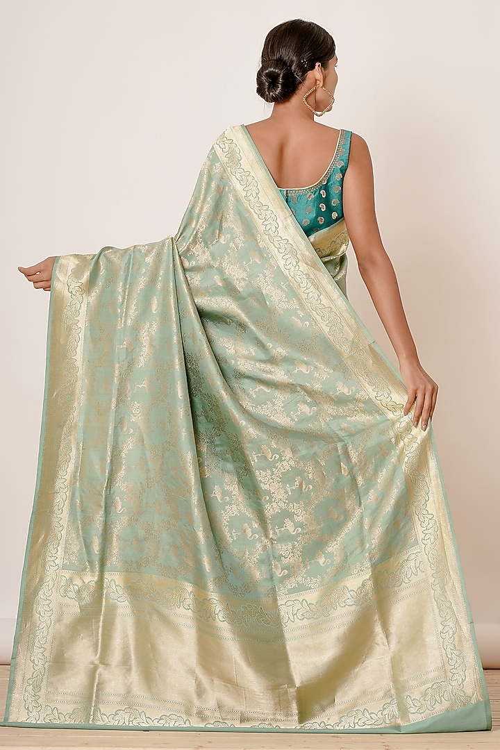 Light Turquoise Pure Banarasi Silk Motif Embroidered Wedding Saree Set by Aharin India at Pernia's Pop Up Shop