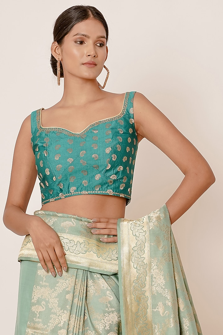 Light Turquoise Pure Banarasi Silk Motif Embroidered Wedding Saree Set by Aharin India at Pernia's Pop Up Shop