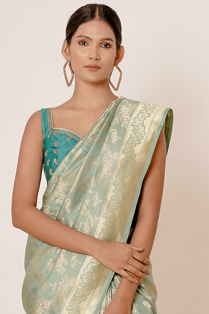 Light Turquoise Pure Banarasi Silk Motif Embroidered Wedding Saree Set by Aharin India at Pernia's Pop Up Shop