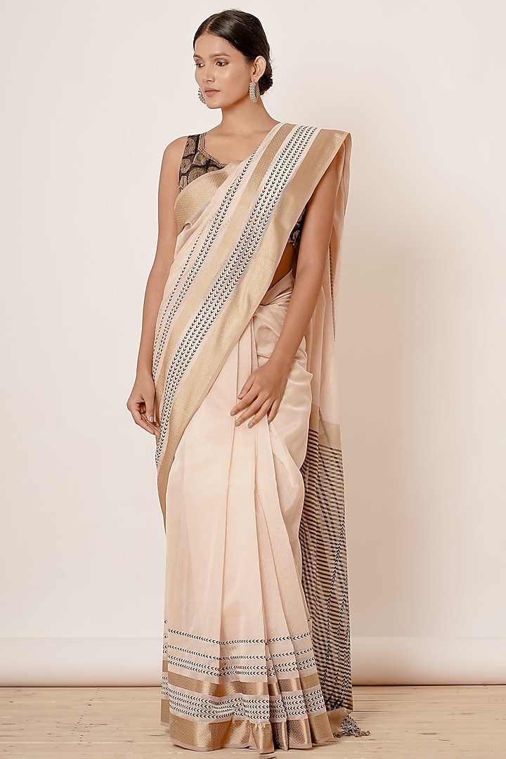 Ivory Zari Embroidered Saree Set by Aharin India