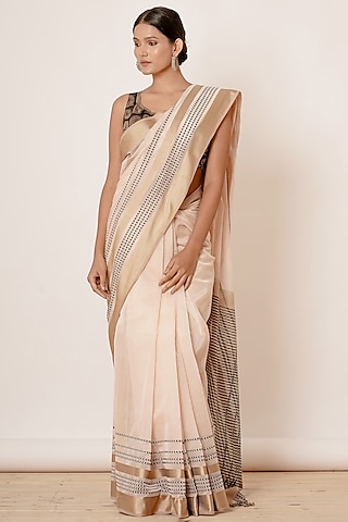 Ivory Handwoven Maheshwari Silk Zari Embroidered Saree Set by Aharin India