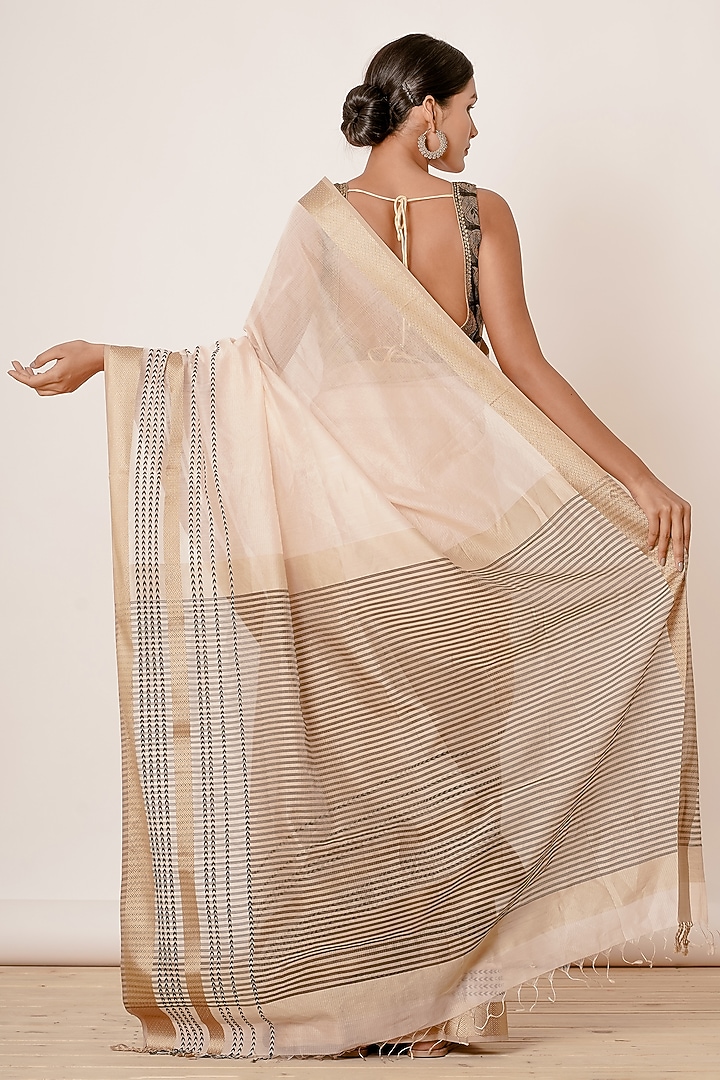 Ivory Handwoven Maheshwari Silk Zari Embroidered Wedding Saree Set by Aharin India at Pernia's Pop Up Shop