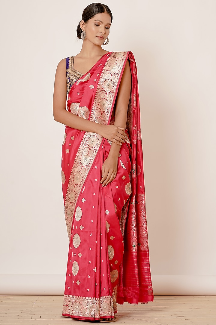 Bright Pink Zari Embroidered Saree Set Design By Aharin India At Pernia