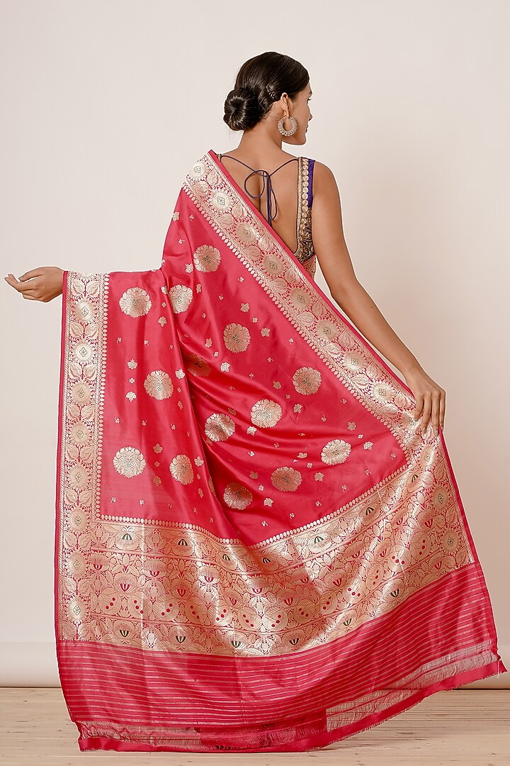 Bright Pink Pure Banarasi Silk Zari Embroidered Wedding Saree Set by Aharin India at Pernia's Pop Up Shop