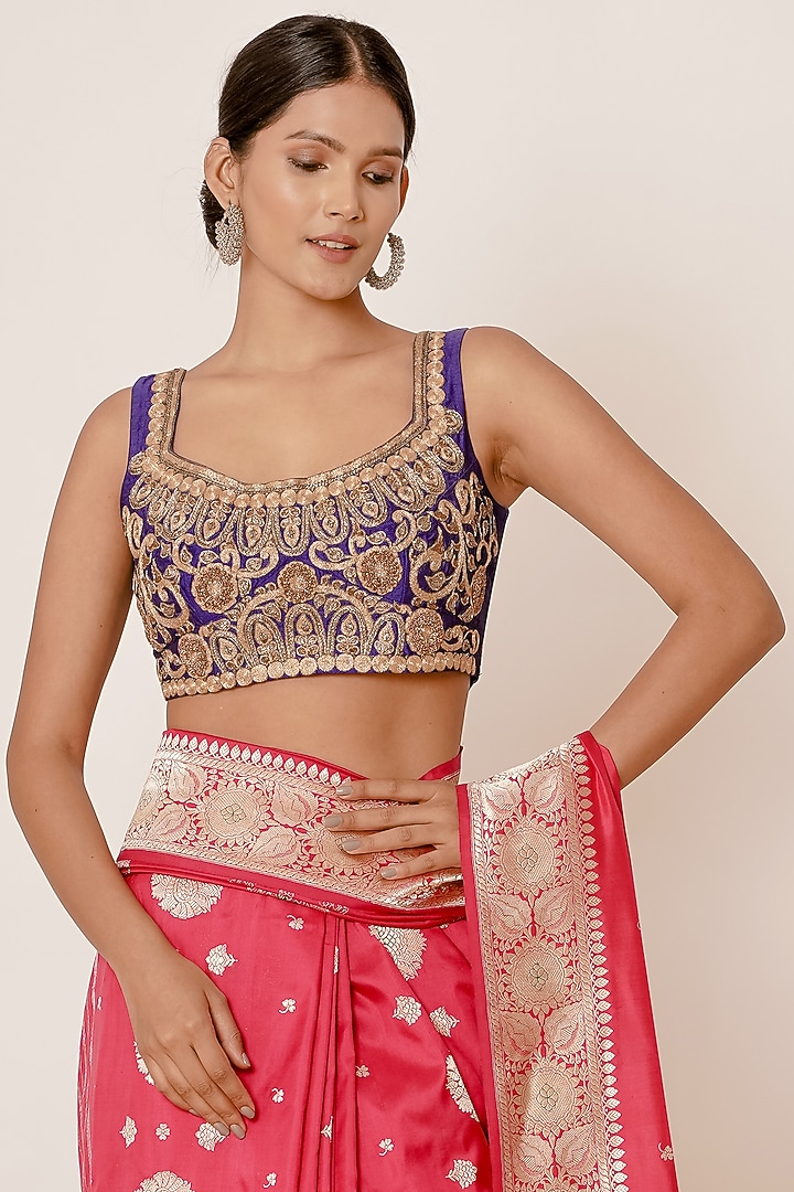 Bright Pink Pure Banarasi Silk Zari Embroidered Wedding Saree Set by Aharin India at Pernia's Pop Up Shop