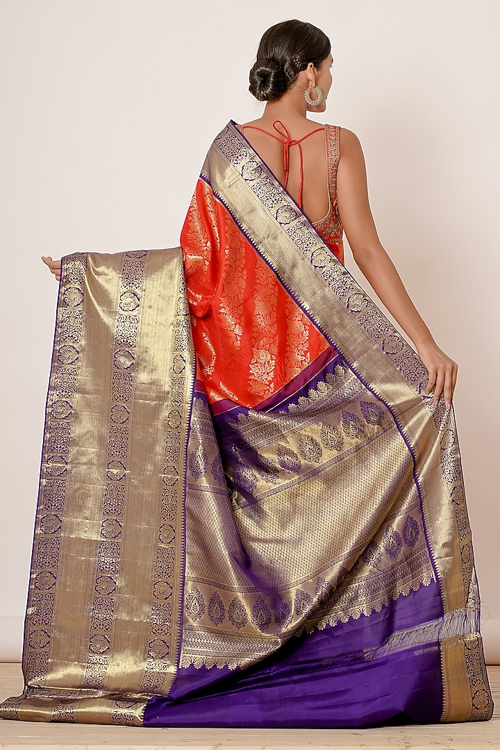 Bright Red Pure Dharmavaram Silk Zari Embroidered Wedding Saree Set by Aharin India at Pernia's Pop Up Shop