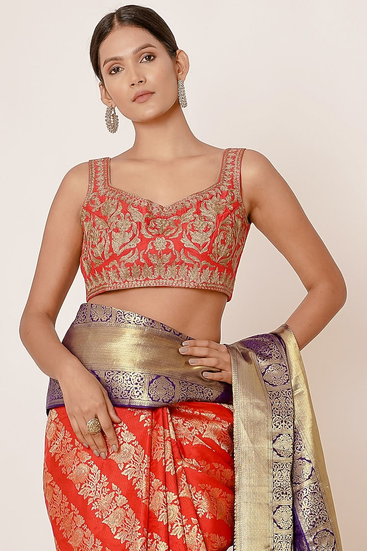 Bright Red Pure Dharmavaram Silk Zari Embroidered Wedding Saree Set by Aharin India at Pernia's Pop Up Shop