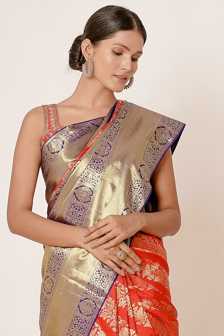 Bright Red Pure Dharmavaram Silk Zari Embroidered Wedding Saree Set by Aharin India at Pernia's Pop Up Shop