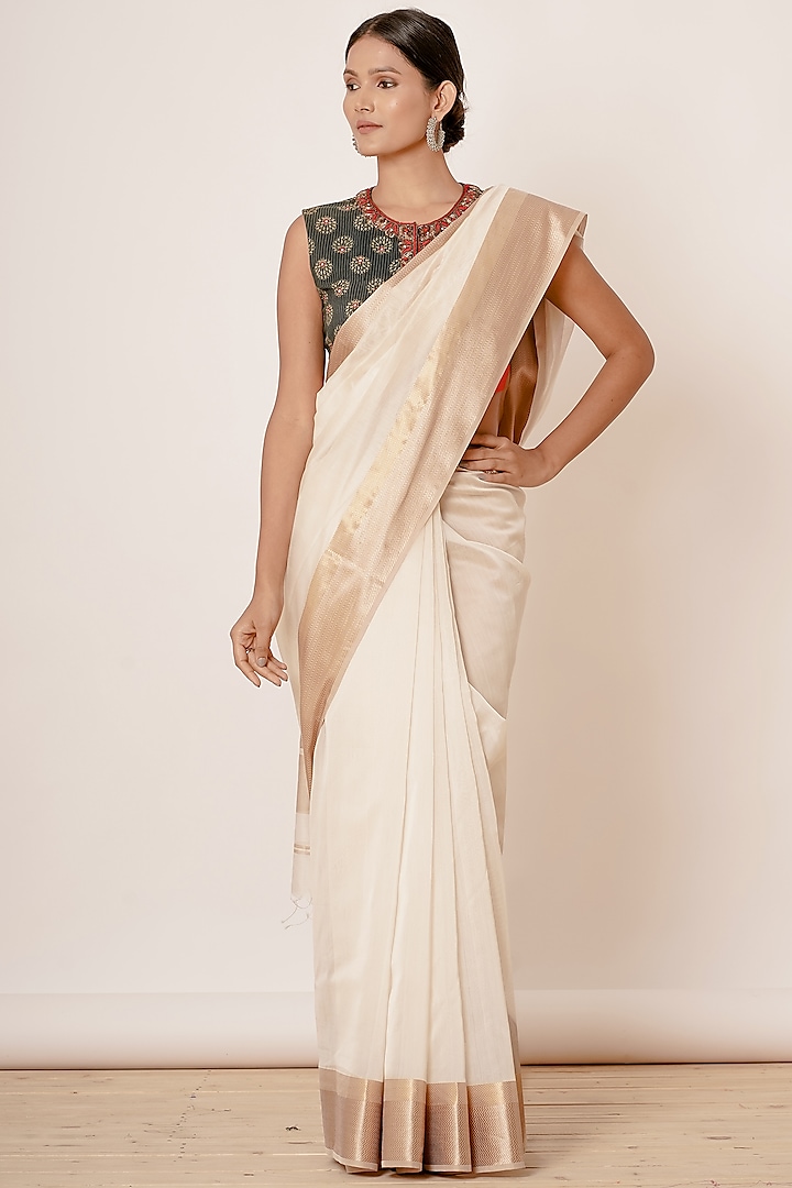 Ivory Zari Embroidered Saree Set by Aharin India at Pernia's Pop Up Shop