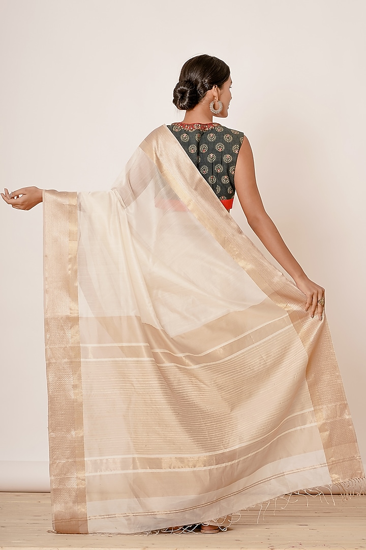 Ivory Zari Embroidered Wedding Saree Set by Aharin India at Pernia's Pop Up Shop