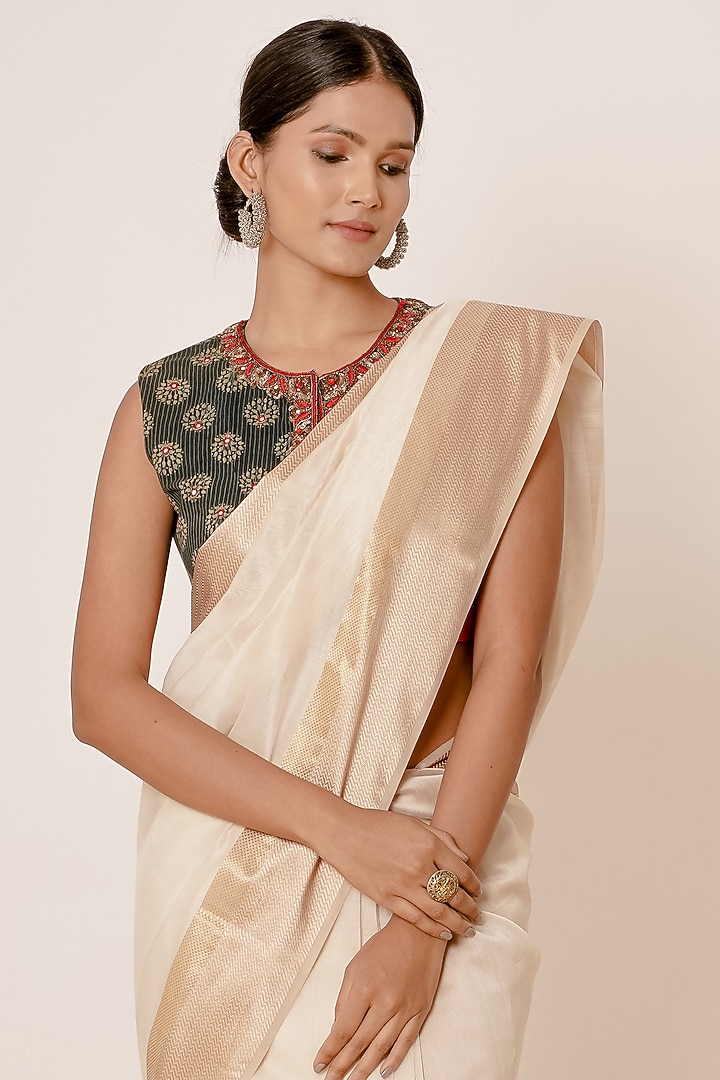 Ivory Zari Embroidered Wedding Saree Set by Aharin India at Pernia's Pop Up Shop