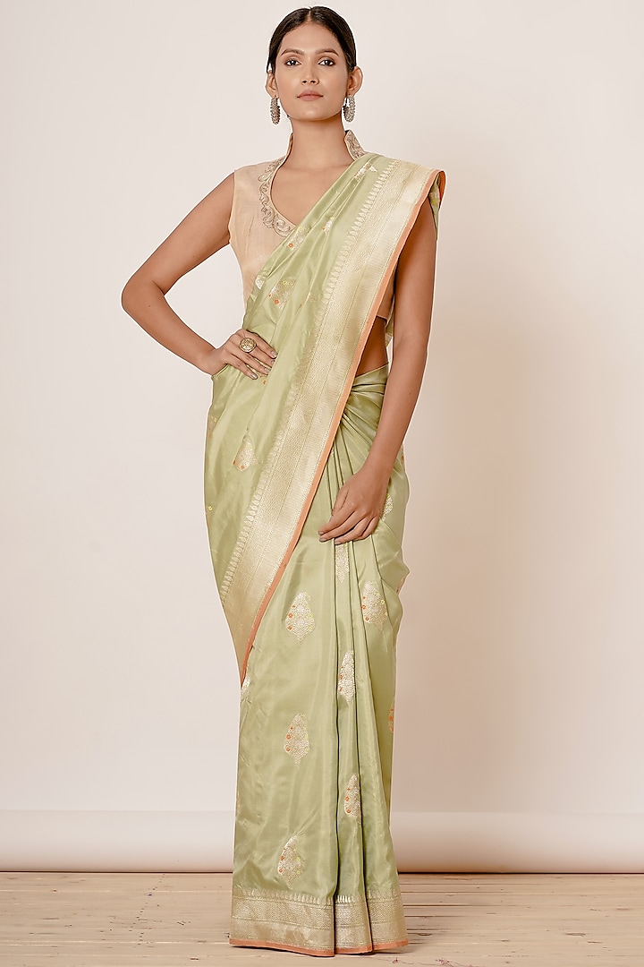 Dusty Pista Green Embroidered Handwoven Saree Set by Aharin India