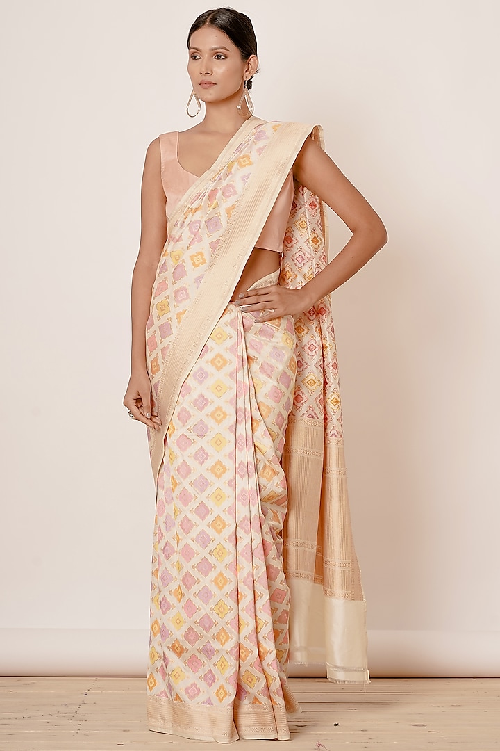 Ivory Pure Banarasi Silk Embroidered Handwoven Saree Set by Aharin India