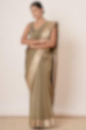 Olive Green Maheshwari Silk Handwoven Saree Set by Aharin India at Pernia's Pop Up Shop