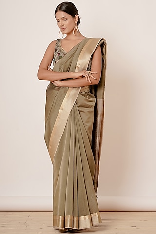 Olive Green Maheshwari Silk Handwoven Saree Set by Aharin India