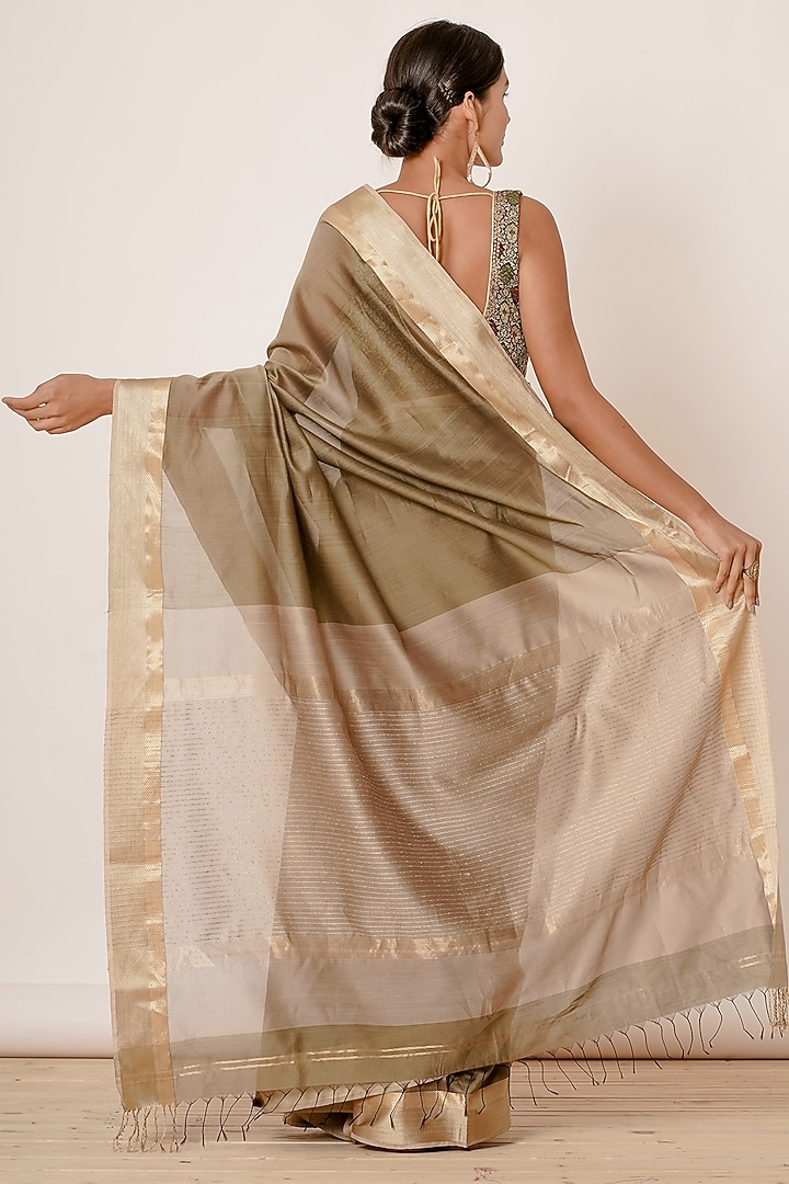 Olive Green Maheshwari Silk Handwoven Wedding Saree Set by Aharin India at Pernia's Pop Up Shop