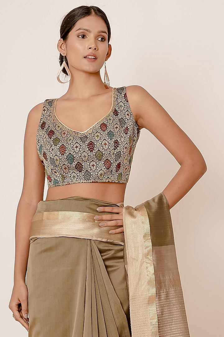 Olive Green Maheshwari Silk Handwoven Wedding Saree Set by Aharin India at Pernia's Pop Up Shop