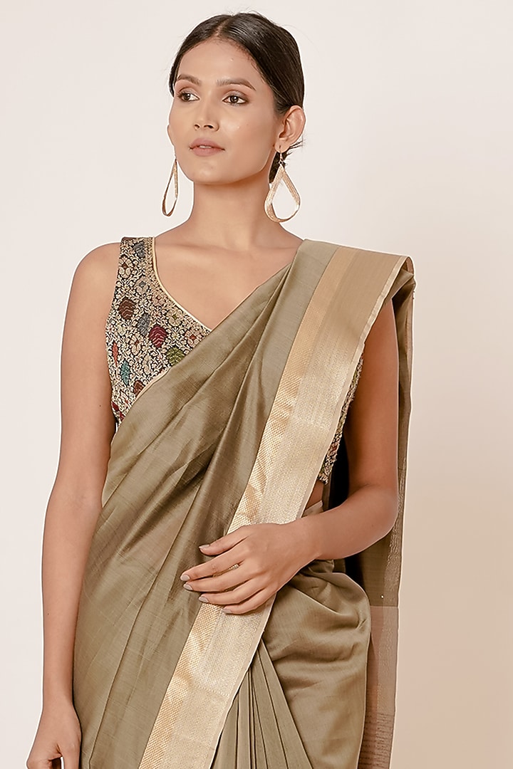 Olive Green Maheshwari Silk Handwoven Wedding Saree Set by Aharin India at Pernia's Pop Up Shop