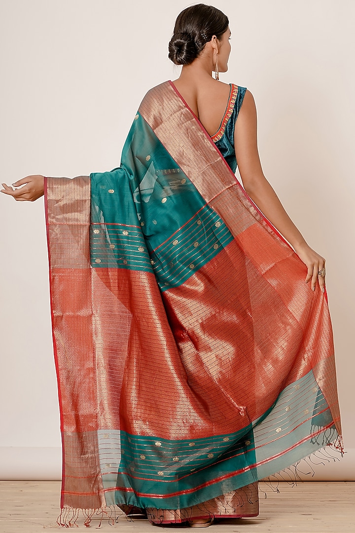 Teal Blue Maheshwari Silk Handwoven Wedding Saree Set by Aharin India at Pernia's Pop Up Shop