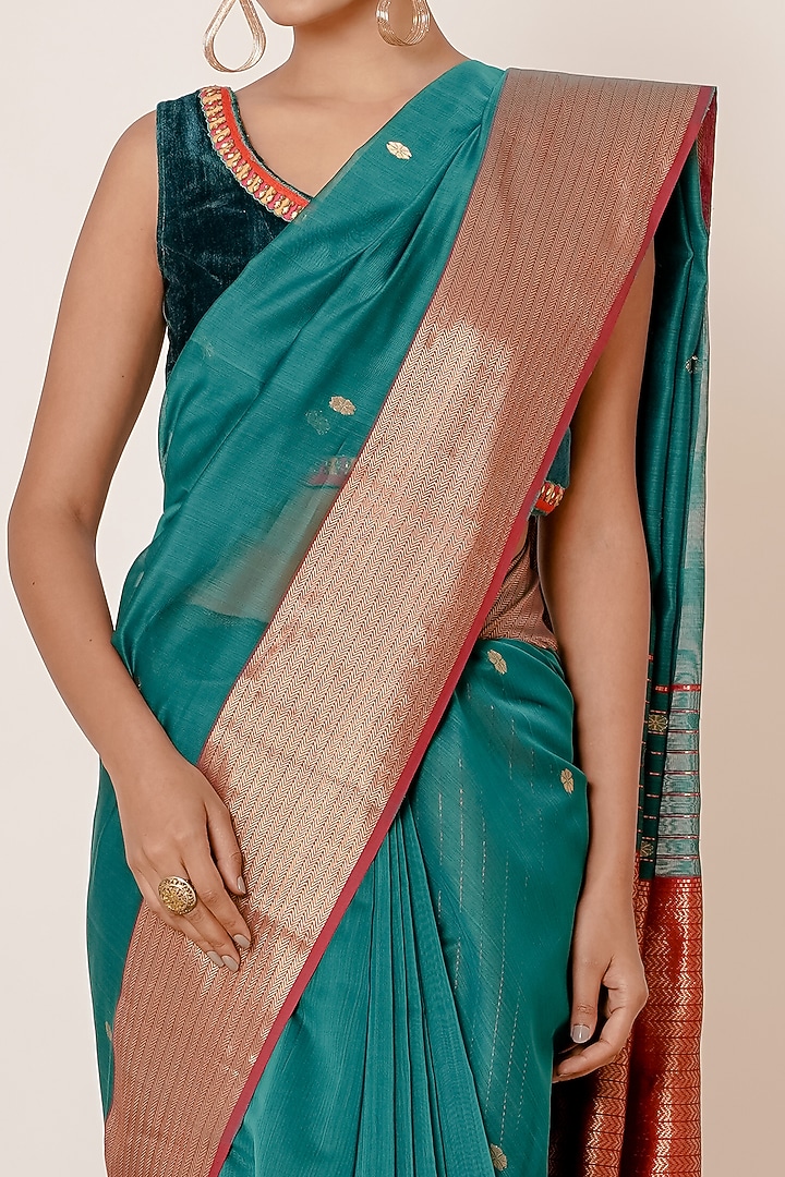 Teal Blue Maheshwari Silk Handwoven Wedding Saree Set by Aharin India at Pernia's Pop Up Shop