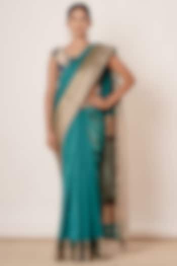 Teal Blue Embroidered Handwoven Saree Set by Aharin India