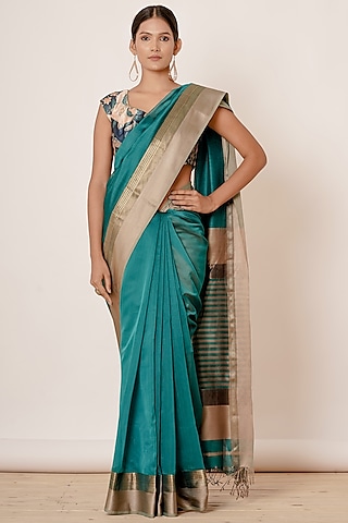 Teal Blue Embroidered Handwoven Saree Set by Aharin India