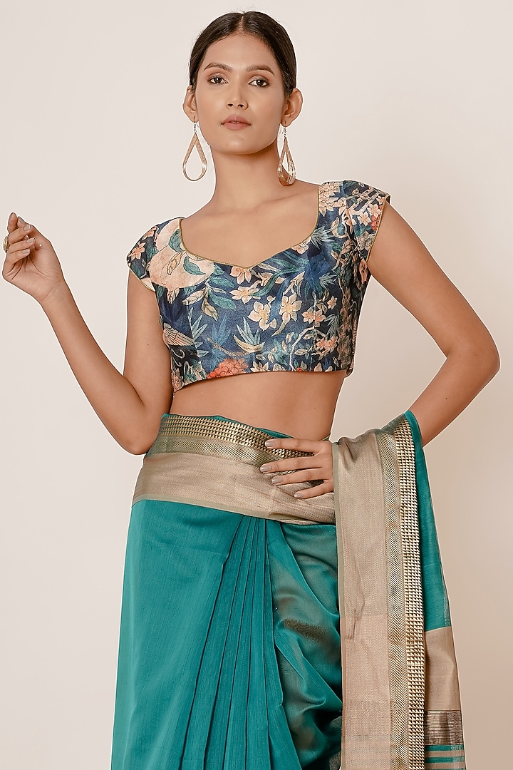 Teal Blue Embroidered Handwoven Wedding Saree Set by Aharin India at Pernia's Pop Up Shop
