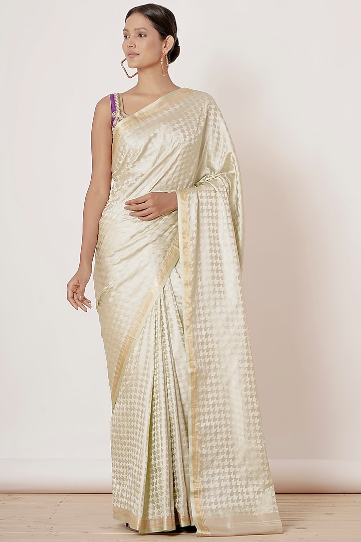 Light Pista Embroidered Handwoven Wedding Saree Set by Aharin India at Pernia's Pop Up Shop
