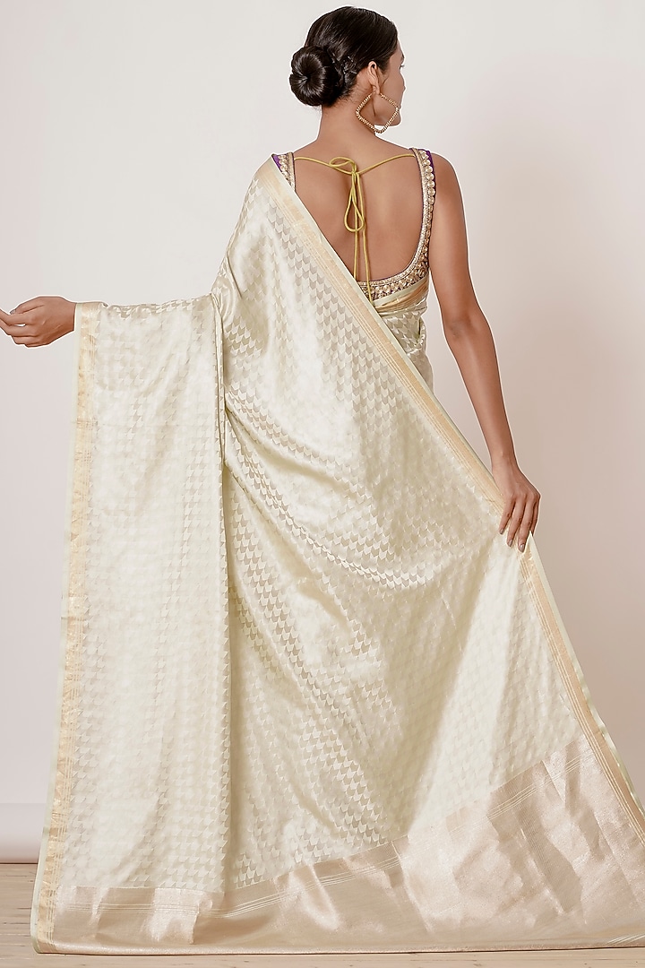 Light Pista Embroidered Handwoven Wedding Saree Set by Aharin India at Pernia's Pop Up Shop