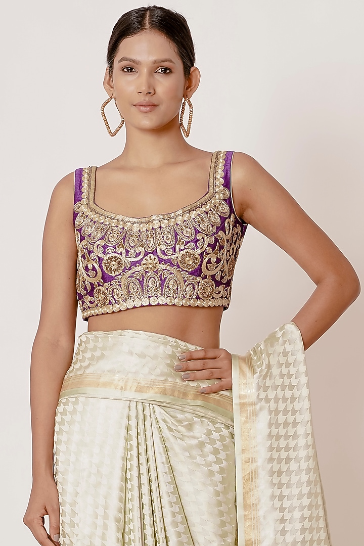 Light Pista Embroidered Handwoven Wedding Saree Set by Aharin India at Pernia's Pop Up Shop