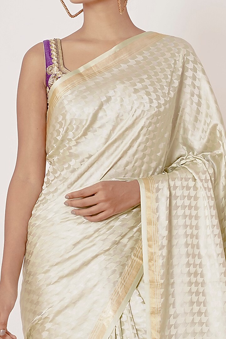 Light Pista Embroidered Handwoven Wedding Saree Set by Aharin India at Pernia's Pop Up Shop