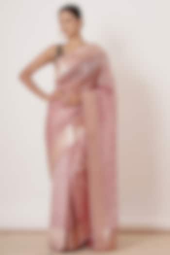 Onion Pink Pure Banarasi Silk Organza Embroidered Handwoven Wedding Saree Set by Aharin India at Pernia's Pop Up Shop