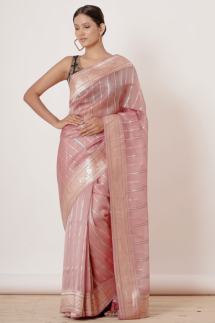 Onion Pink Pure Banarasi Silk Organza Embroidered Handwoven Wedding Saree Set by Aharin India at Pernia's Pop Up Shop