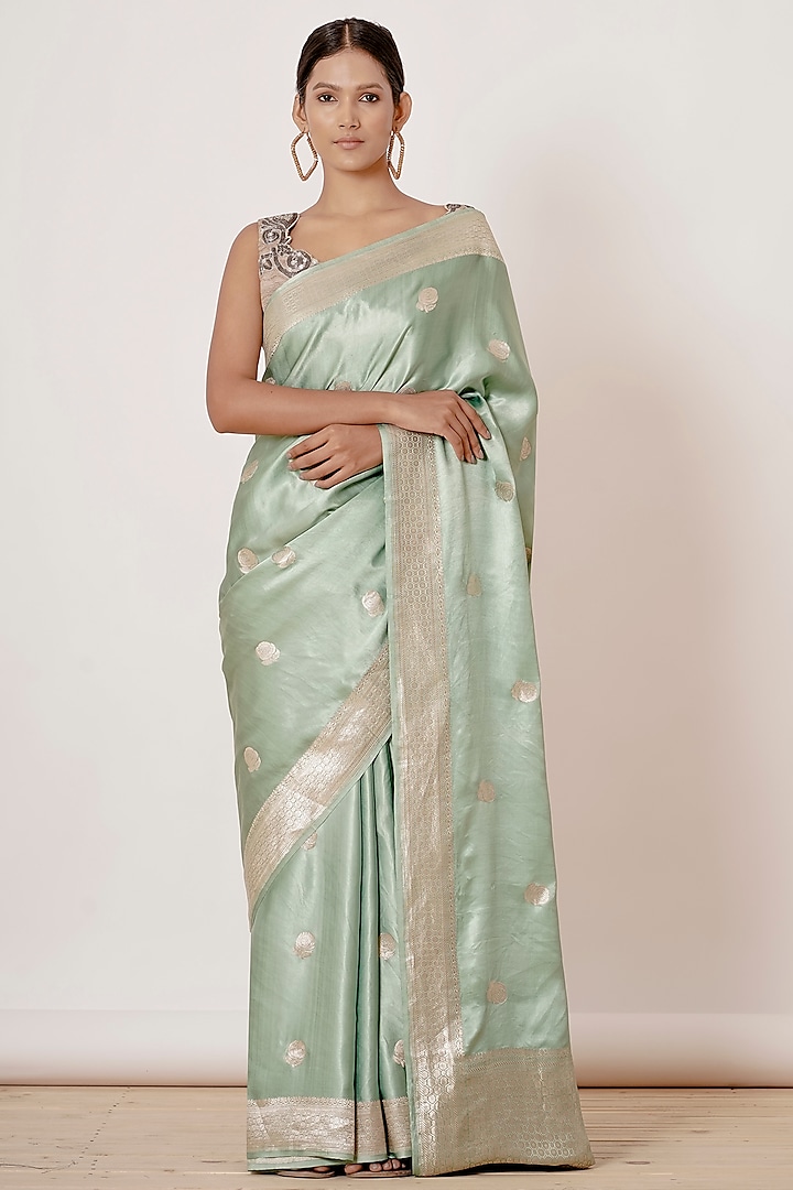 Light Turquoise Pure Banarasi Satin Silk Handwoven Saree Set by Aharin India