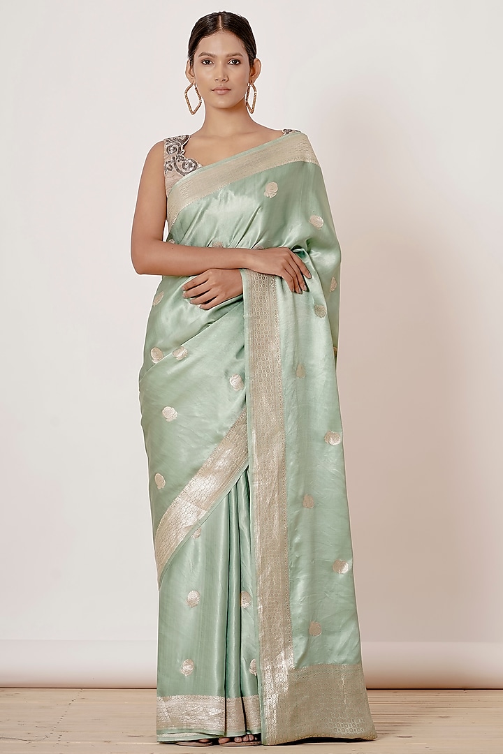 Light Turquoise Pure Banarasi Satin Silk Handwoven Saree Set by Aharin India at Pernia's Pop Up Shop