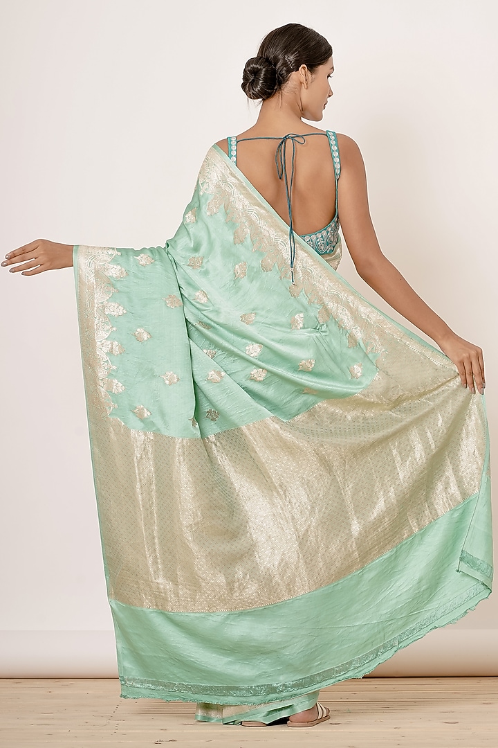 Light Turquoise Pure Banarasi Satin Silk Handwoven Wedding Saree Set by Aharin India at Pernia's Pop Up Shop