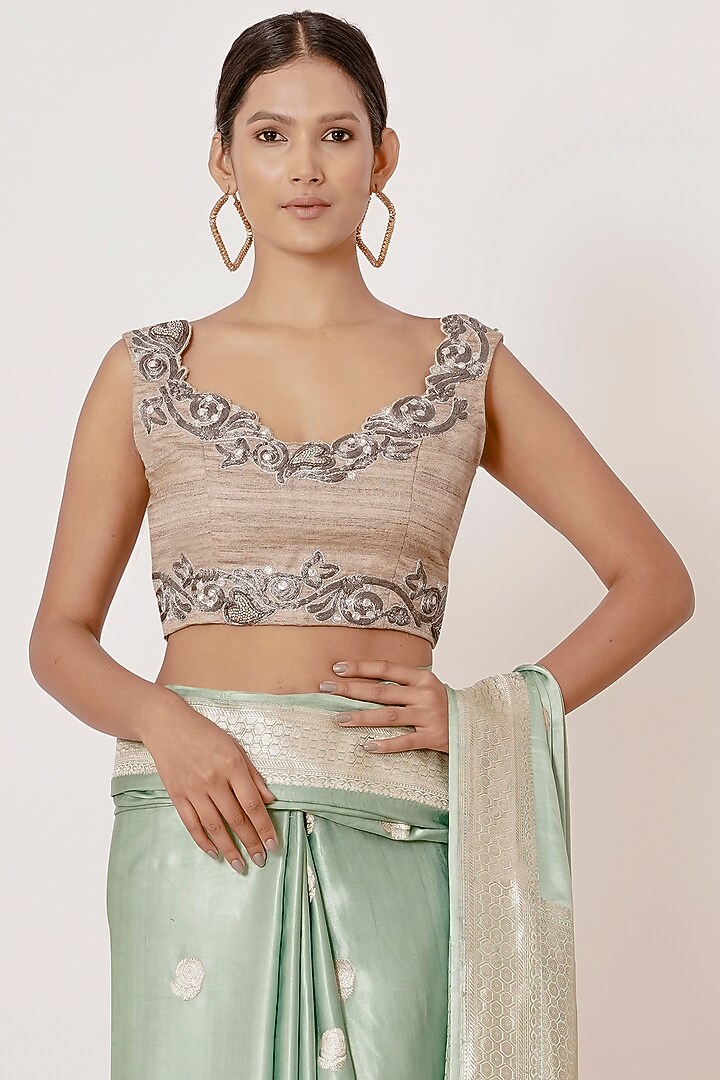 Light Turquoise Pure Banarasi Satin Silk Handwoven Wedding Saree Set by Aharin India at Pernia's Pop Up Shop