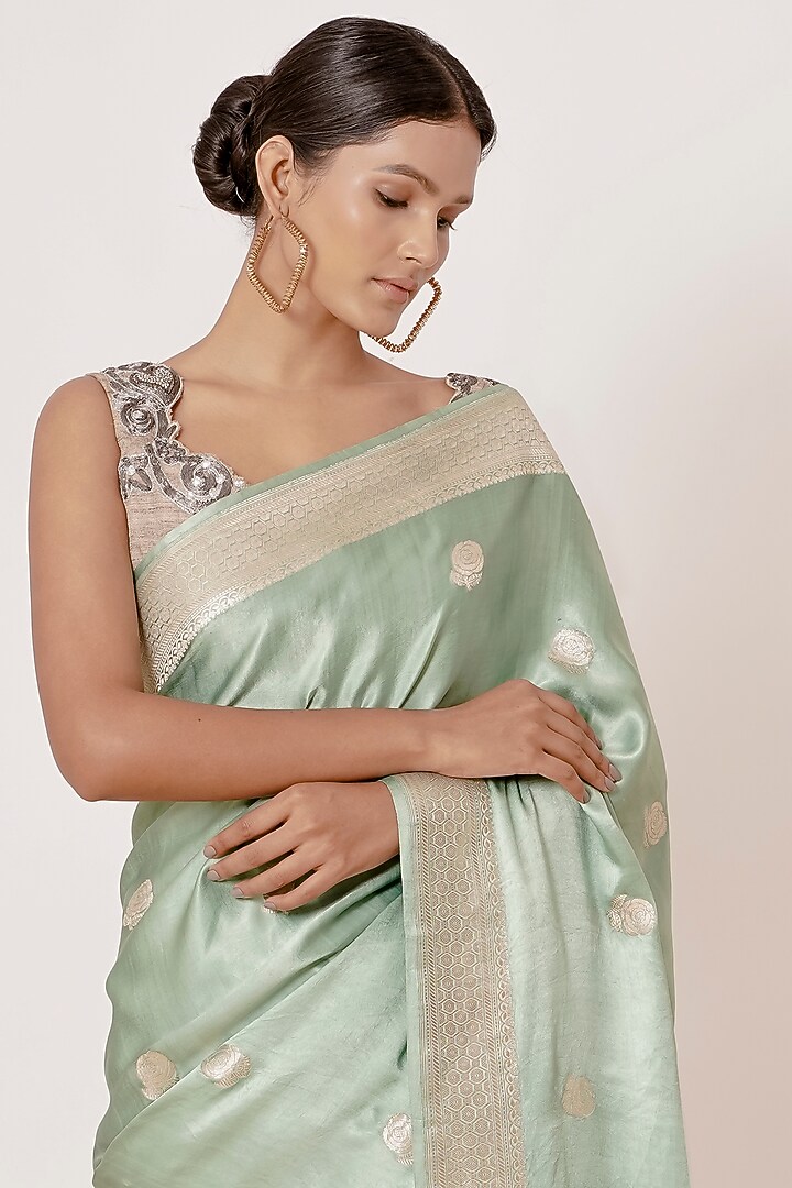Light Turquoise Pure Banarasi Satin Silk Handwoven Wedding Saree Set by Aharin India at Pernia's Pop Up Shop