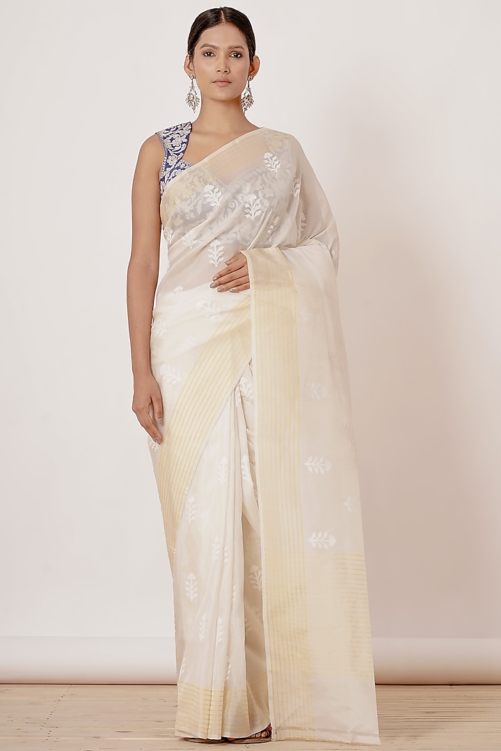 Cream Striped Handwoven Saree Set by Aharin India