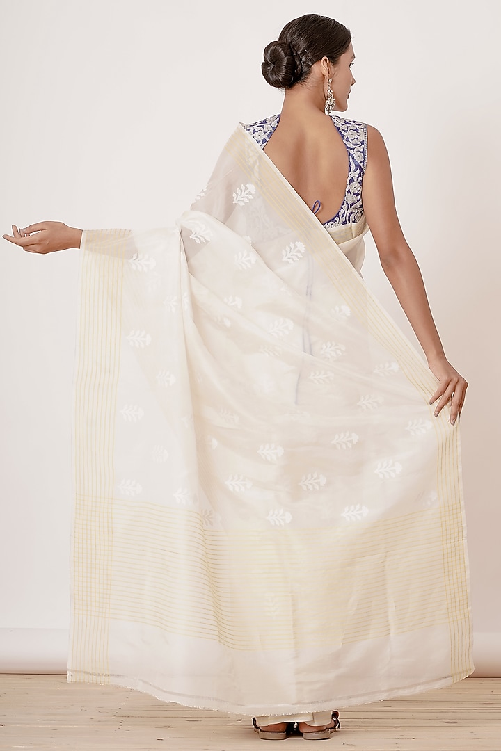 Cream Striped Handwoven Wedding Saree Set by Aharin India at Pernia's Pop Up Shop