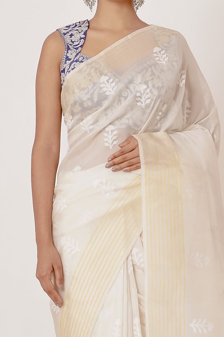 Cream Striped Handwoven Wedding Saree Set by Aharin India at Pernia's Pop Up Shop