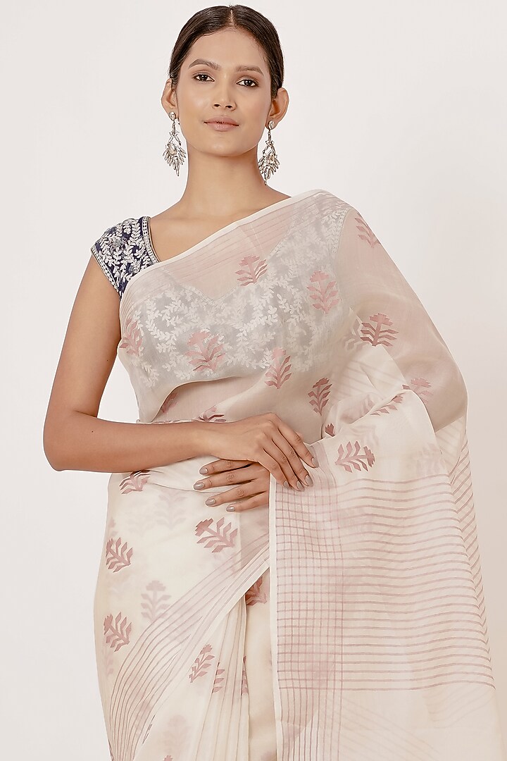 Ivory Shaded Organza Handwoven Wedding Saree Set by Aharin India at Pernia's Pop Up Shop