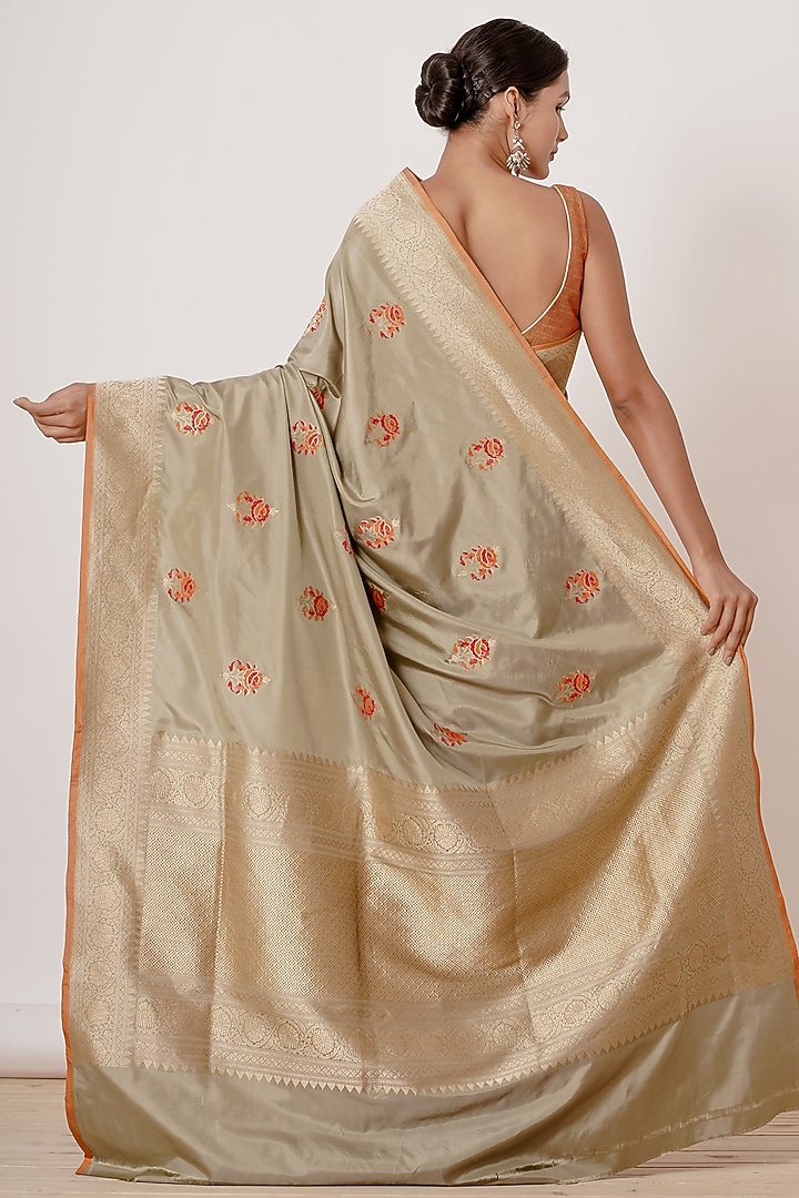 Olive Gold Embroidered Handwoven Wedding Saree Set by Aharin India at Pernia's Pop Up Shop